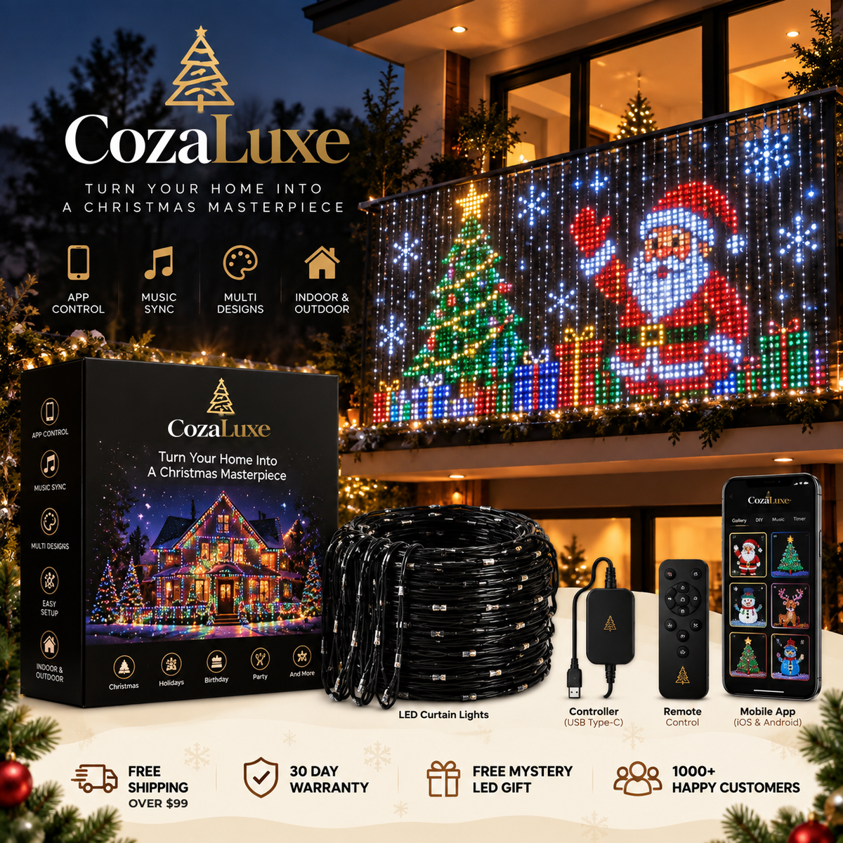 CozaLuxe Smart Animated Christmas Balcony Lights